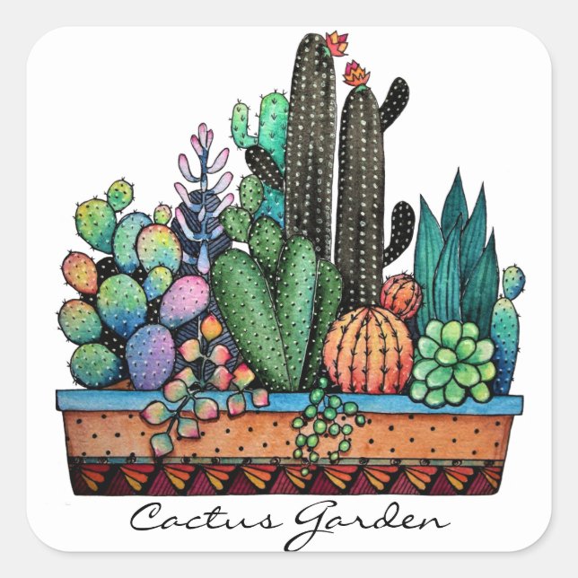Sticker Carré Cute Watercolor Cactus Garden (Devant)