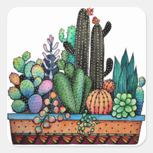 Sticker Carré Cute Watercolor Cactus Garden