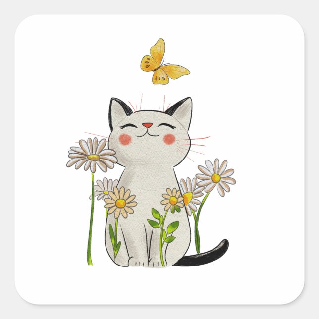 Sticker Carré Cute Watercolor Chat avec marguerites et papillon (Devant)