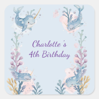 Sticker Carré Cute Watercolor Narwhal Whale fish Seamless Sea
