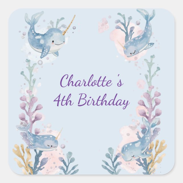 Sticker Carré Cute Watercolor Narwhal Whale fish Seamless Sea  (Devant)