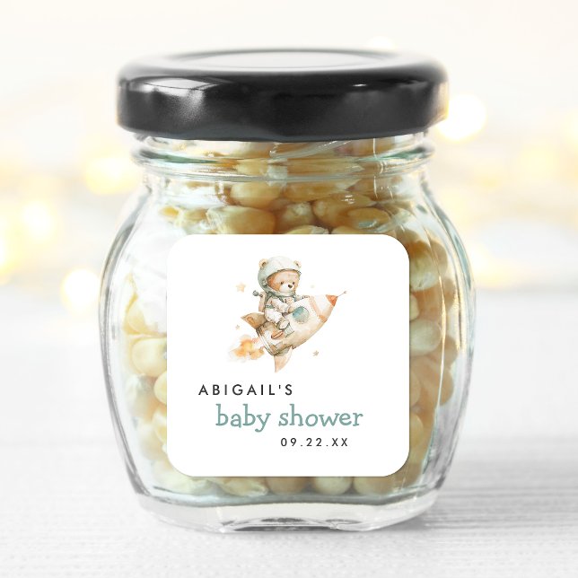 Sticker Carré Cute Watercolor Teddy Bear Astronaut Baby Shower (Créateur téléchargé)