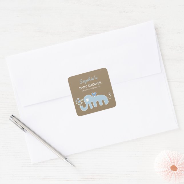 Sticker Carré Cute Whimsical Blue Elephant Love Bove Baby shower (Enveloppe)