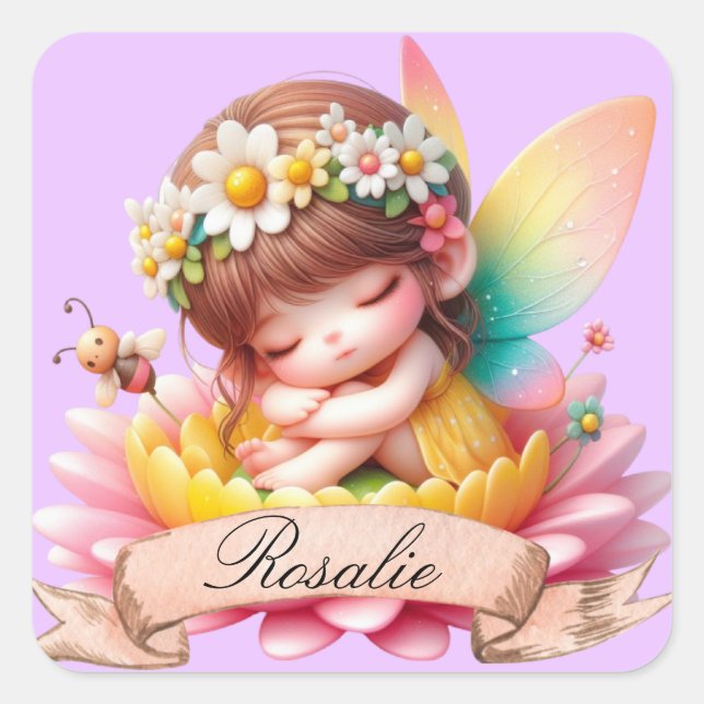 Sticker Carré Cute Whimsical Floral Doux Rêves Dormir Fée (Devant)