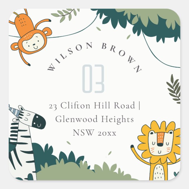 Sticker Carré Cute Wild Jungle Animaux Lion Monkey Kids Adresse (Devant)