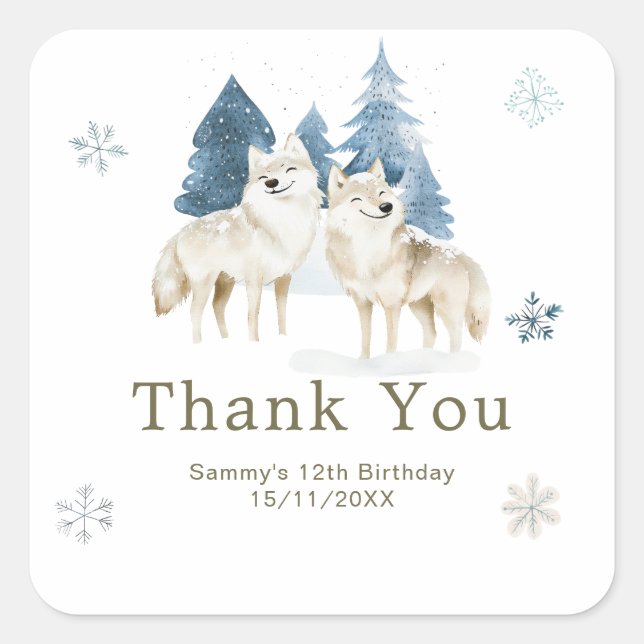 Sticker Carré Cute Winter Arctic Wolf Birthday Party (Devant)