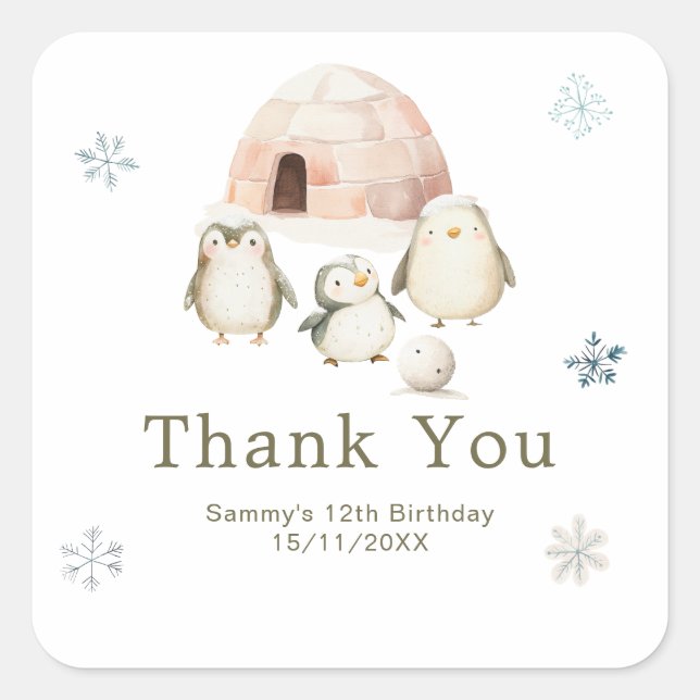 Sticker Carré Cute Winter Penguins Birthday Party (Devant)