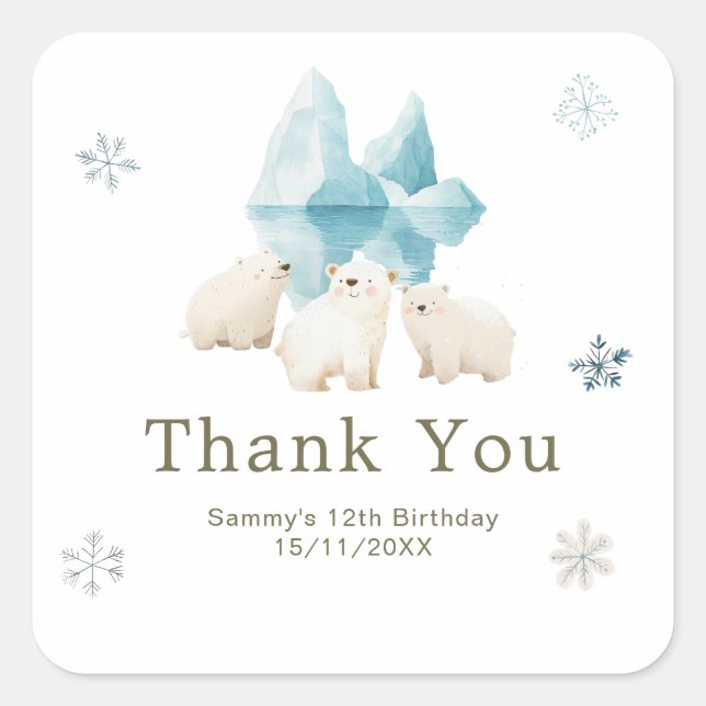 Sticker Carré Cute Winter Polar Bears Birthday Party (Devant)