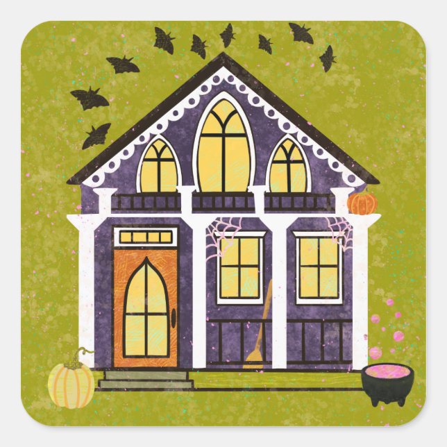 Sticker Carré Cute Witchy Haunted Halloween Cottage  (Devant)