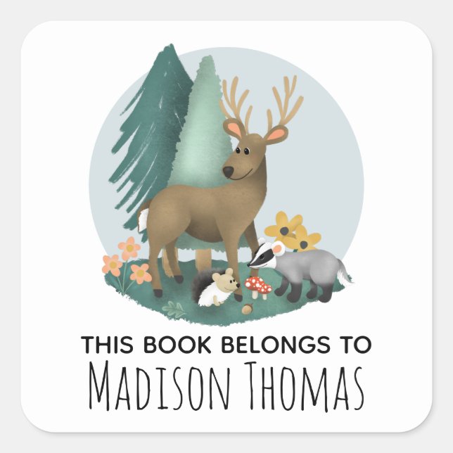 Sticker Carré Cute Woodland Animals Baby and Kids Bookplate (Devant)