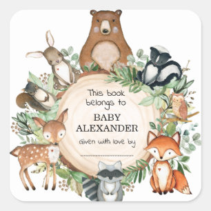 Sticker Carré Cute Woodland Animaux Baby shower Bookplate Étique