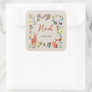 Sticker Carré Cute Woodland Animaux Baby shower neutre