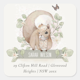 Sticker Carré Cute Woodland Forest Floral Squirrel Adresse
