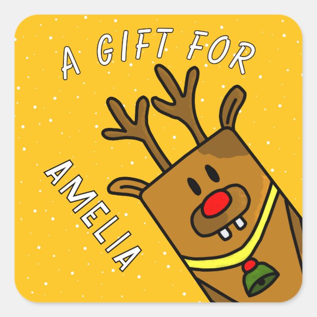 Sticker Carré Cute Yellow Reindeer Kid`s Name Christmas Gift (Devant)