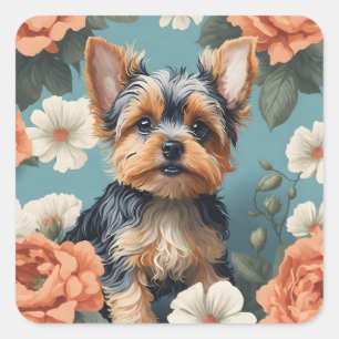Sticker Carré Cute Yorkshire Terrier Puppy Floral