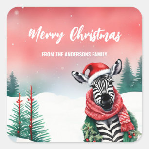 Sticker Carré Cute Zebra animal sauvage Père Noël Christmas part