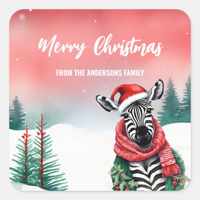 Sticker Carré Cute Zebra animal sauvage Père Noël Christmas part (Devant)