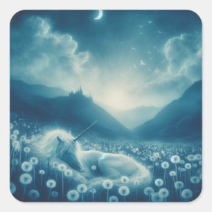Sticker Carré Cyanotype Sleeping Unicorn Dandelion Dreams