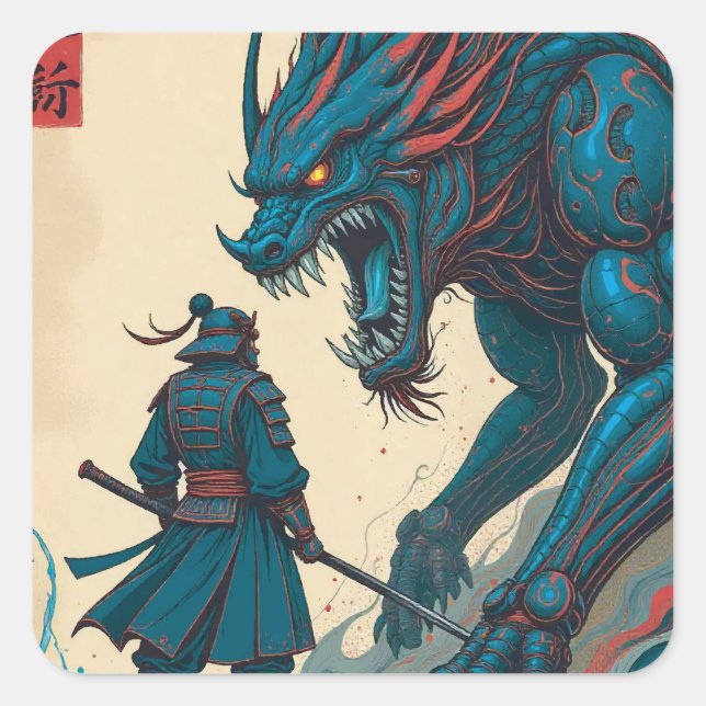 Sticker Carré "Cyber Duel – Samurai vs Circuit Glyph Beast" (Devant)