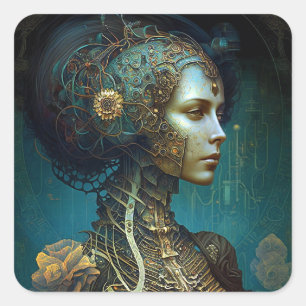 Sticker Carré Cyborg Femme Imaginaire Sci-Fi Art