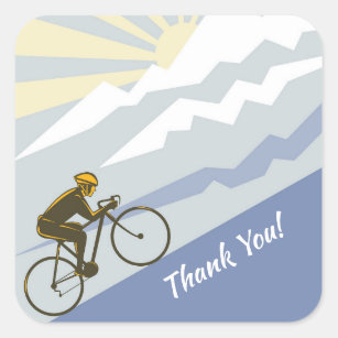 Sticker Carré Cycliste faisant du vélo vers le haut du Merci de