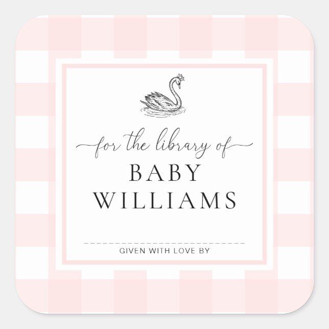 Sticker Carré Cygne à carreaux roses pour la bibliothèque de l'e (Devant)
