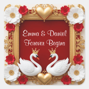 Sticker Carré 💖 Cygne Blanc Thème de Mariage Romantique Rouge e