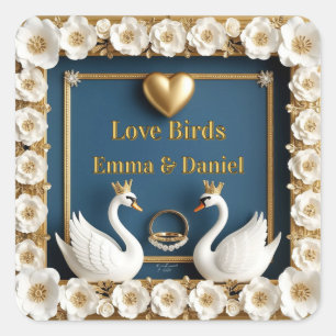 Sticker Carré Cygne de mariage personnalisé avec nom Décor bleu 
