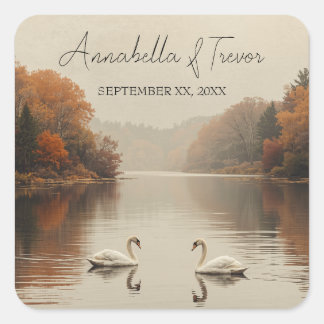 Sticker Carré Cygnes d'automne Romantique Lac en mariage d'autom