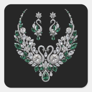 Sticker Carré Cygnes de cristal d'émeraude Bijoux de luxe