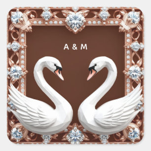 Sticker Carré Cygnes de mariage blancs Diamant Cœur Orné Romanti