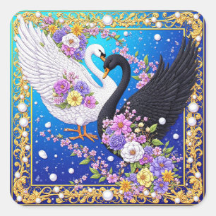 Sticker Carré Cygnes de mariage encadrés d'or et de fleurs