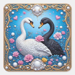 Sticker Carré Cygnes de mariage encadrés d'or et de fleurs