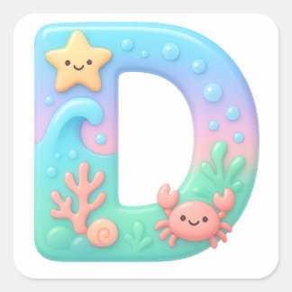 Sticker Carré "D" Cute Bubble Letter - Underwater Sea Creature A
