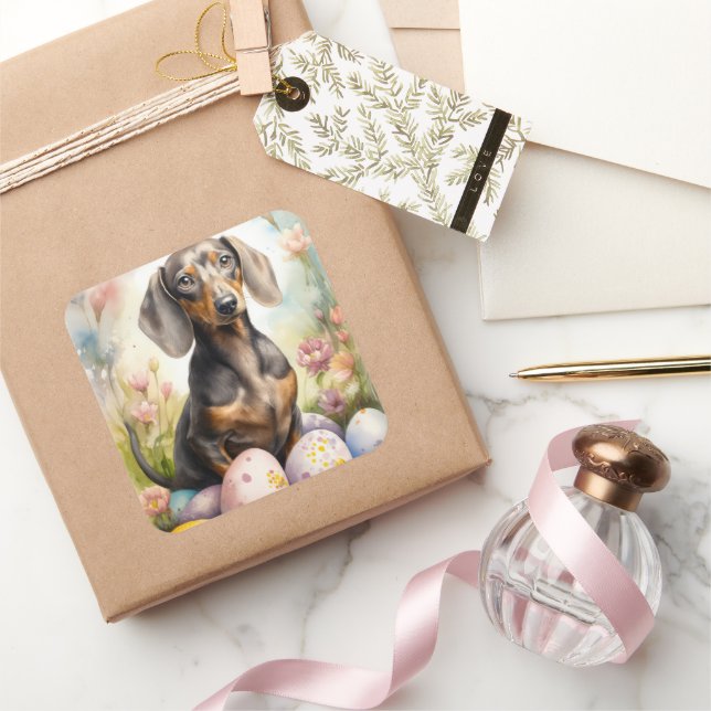 Sticker Carré Dachshund avec œufs de Pâques (Cadeaux)