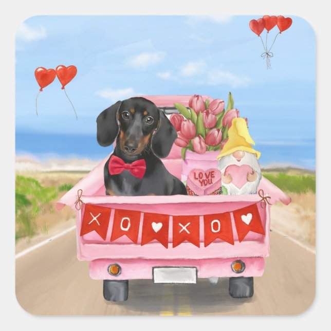 Sticker Carré Dachshund Chien Saint-Valentin Coeurs de Camion (Devant)