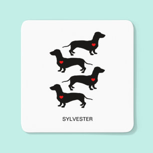 Sticker Carré Dachshund Chien Saucisse Monogramme Nom Coeur