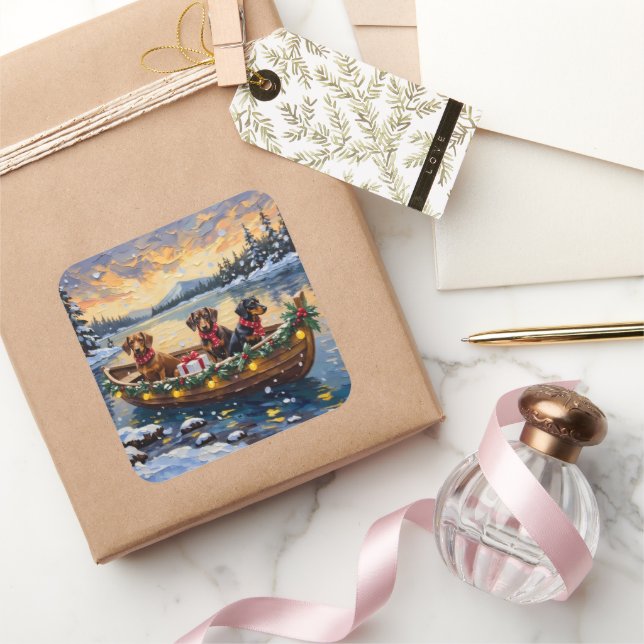 Sticker Carré Dachshund Christmas Boat Holiday (Cadeaux)