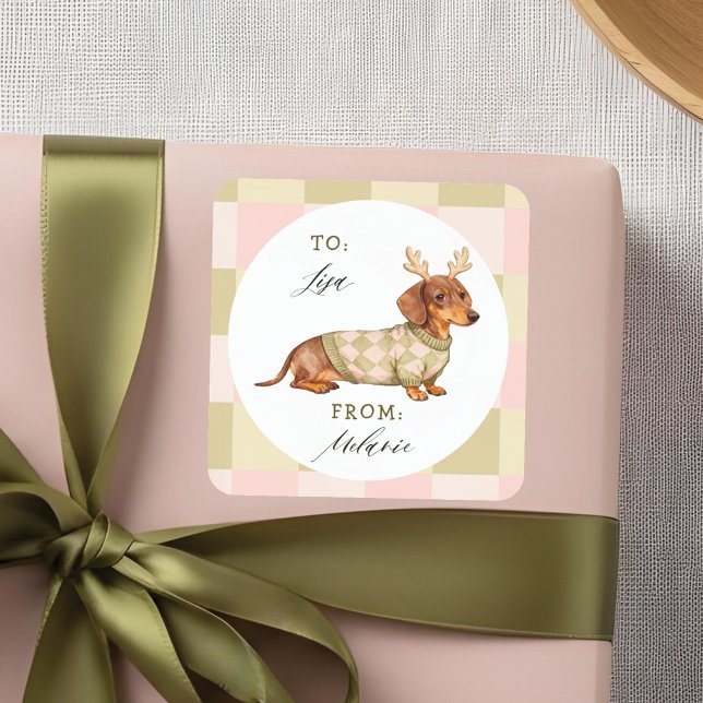 Sticker Carré Dachshund Christmas Chien À damiers pull tricoté (Dachshund Christmas Dog Checkered Knitted Sweater Square Sticker)