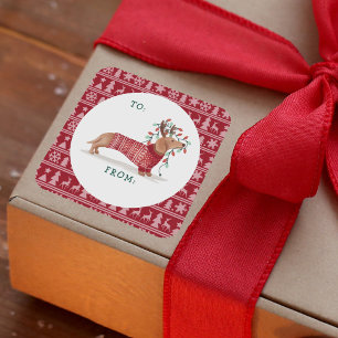 Sticker Carré Dachshund Christmas Chien Cosy Rouge Chandail