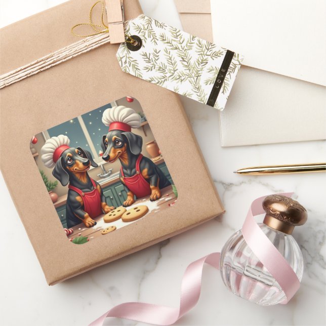 Sticker Carré Dachshund Christmas Cookie Bakers Holiday Painting (Cadeaux)