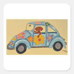 Sticker Carré Dachshund dans une voiture hippie
