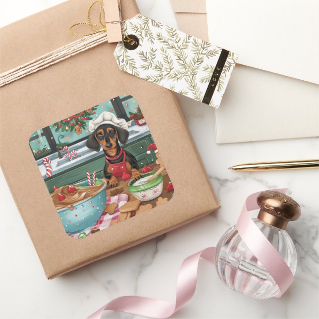 Sticker Carré Dachshund Gîtes : Noël festif (Cadeaux)