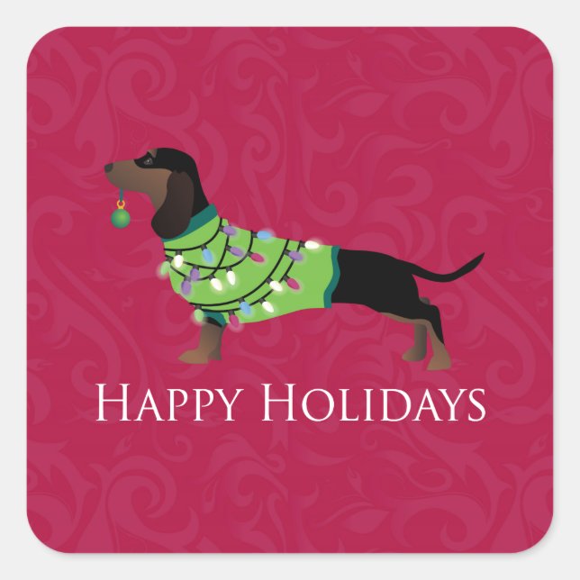 Sticker Carré Dachshund Happy Holidays Design (Devant)