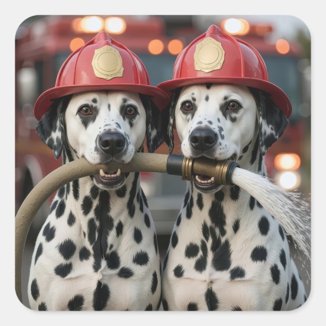 Sticker Carré Dalmatian Dogs Holding a Fireman Hose (Devant)