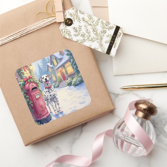 Sticker Carré Dalmatian Festive Mailbox Christmas Art (Cadeaux)