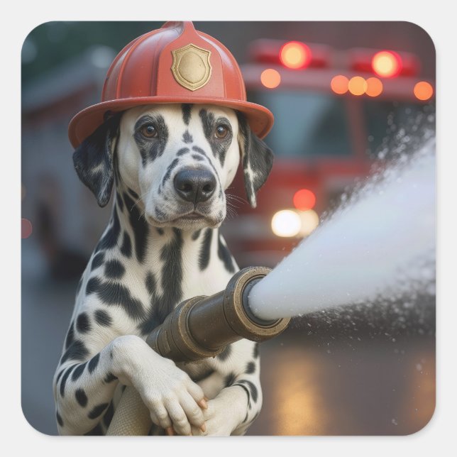 Sticker Carré Dalmatien avec une lance à incendie (Devant)