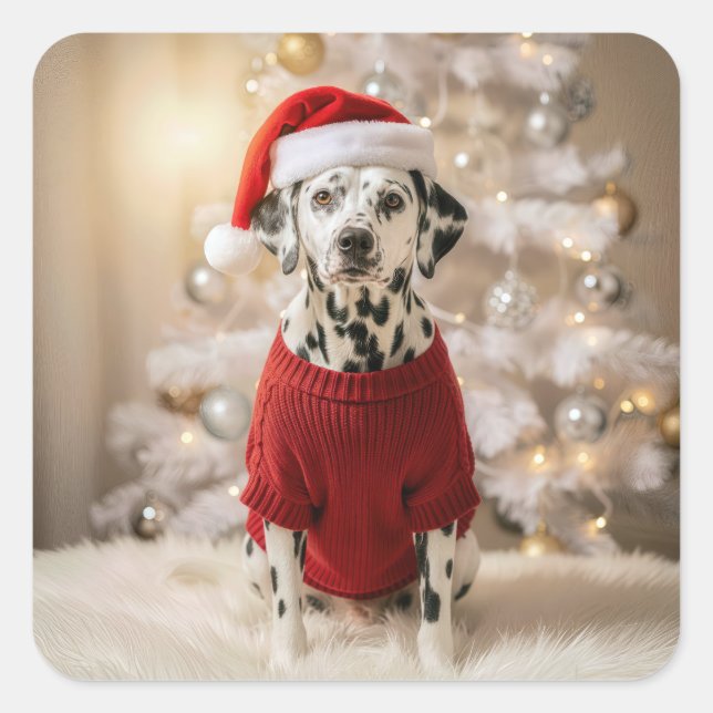 Sticker Carré Dalmatien de Noël dans un pull rouge (Devant)