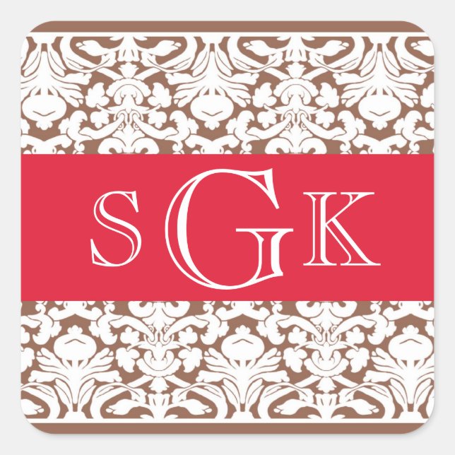 Sticker Carré Damas rouge brun 3 initial monogramme mariage fave (Devant)