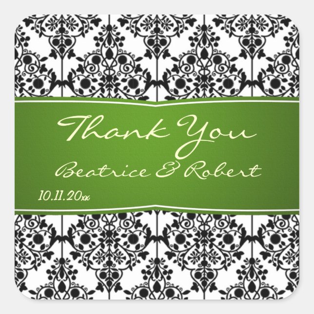 Sticker Carré Damask noir, blanc et vert Merci Mariage (Devant)